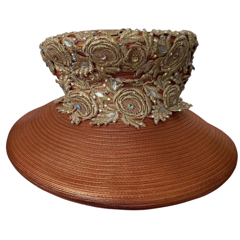 Vintage Shellie McDowell NY Copper Metallic Dress Hat Gold Lace Rhinestones